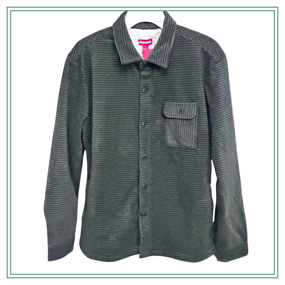 New UNIONBAY Woodsman Fleece‎ Lined Shirt Jacket Mens Small Green Stripe Sherpa